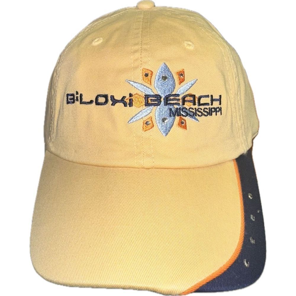 Yellow Navy Blue Embroidered Biloxi Beach Mississippi MS Adjustable Strap Back H